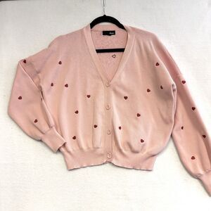 AKAIV Pink Knit Cardigan With Embroidered Red Hearts